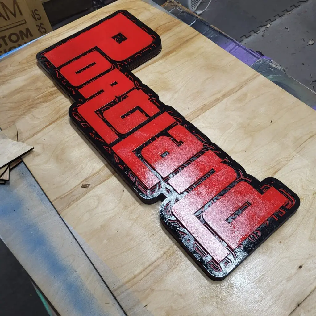 Red and black stylized lettering design