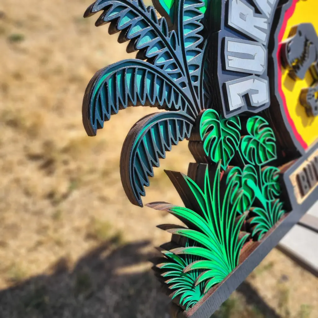 Detailed palm leaves on sign.