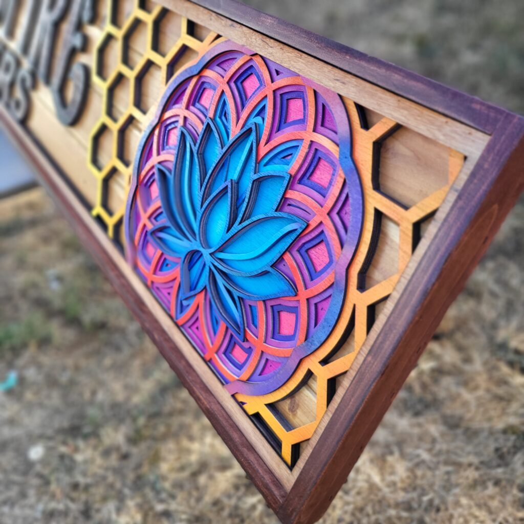 Custom Wood Signs 4 Close-up of colorful lotus design.